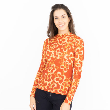 Nasty Gal Long Sleeve Retro Orange Floral High Neck Stretch Jersey Tops-Quality Brands Outlet-