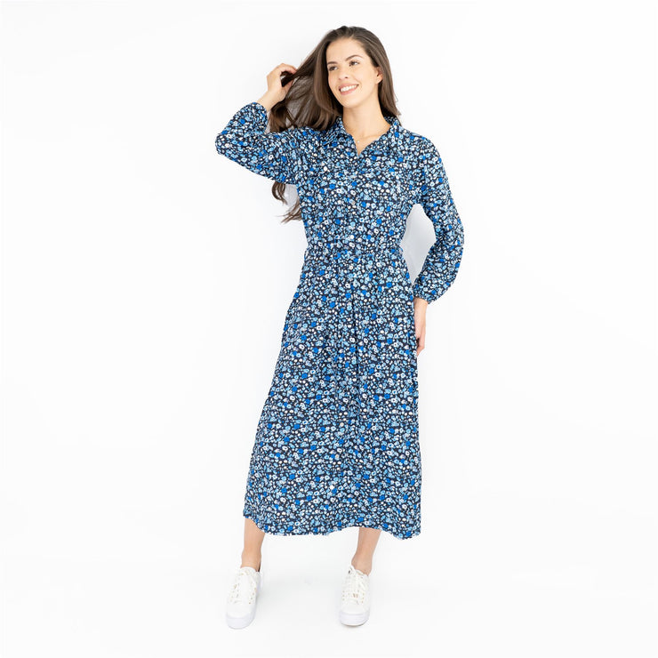 Oasis Black Dress with Blue Floral Print Long Sleeve Midi Shirt Dresses - Quality Brands Outlet