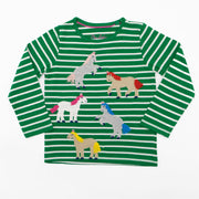 Mini Boden Girls Horse Patch Embroidery Green Stripe Long Sleeve Tops - Quality Brands Outlet