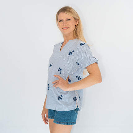 White Stuff Pure Cotton Stripe Floral Embroidered Shirts-Quality Brands Outlet-