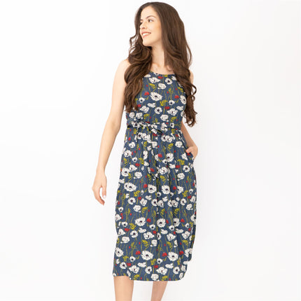 Seasalt Belle Linear Poppy Night Floral Print Sleeveless Midi Dresses-Quality Brands Outlet-