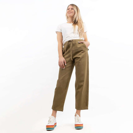 Hush Washed Khaki Green Crop Wide Leg Stretch Trousers with Pockets-Quality Brands Outlet-