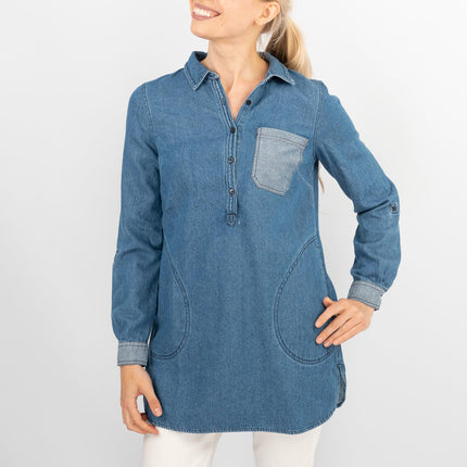 Blue Denim Long Sleeve Casual Tunic Longline Women's Shirts-Quality Brands Outlet-