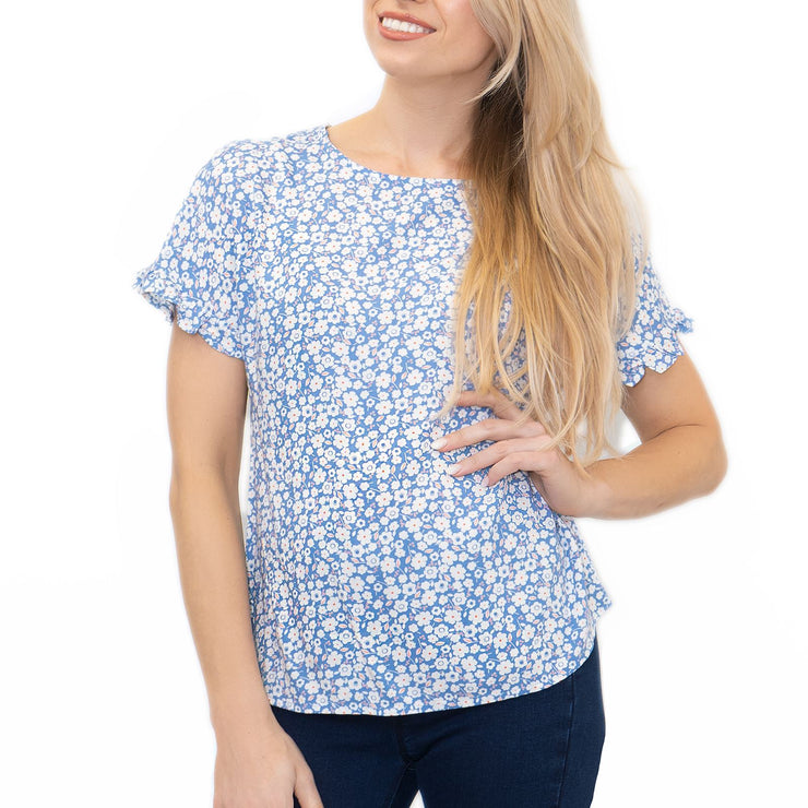 M&S Blue Floral Print Lightweight Blouse Frill Short Sleeve Round Neckline Tops