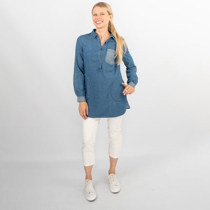 Blue Denim Long Sleeve Casual Tunic Longline Women's Shirts-Quality Brands Outlet-