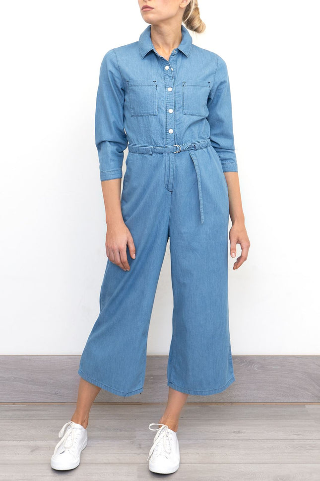 Womens Phase Eight Jumpsuit Denim Blue Lightweight Cropped Jarah Smart Casual - Quality Brands Outlet