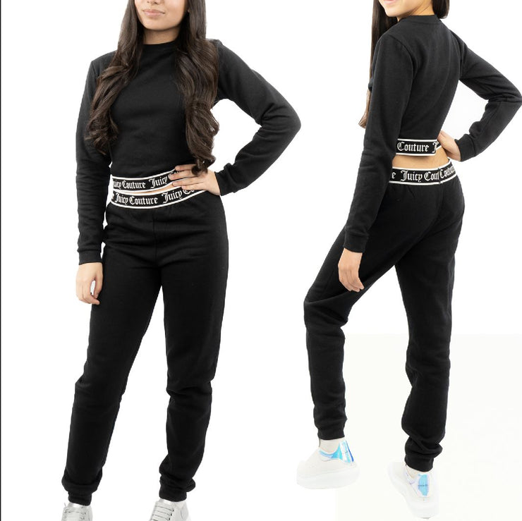 Juicy Couture Girls Black Long Sleeve Outfit Set Crop Top with Joggers Style Trousers