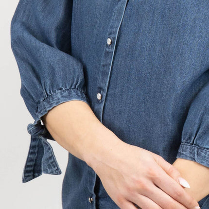 F&F 3/4 Puff Sleeves Blue Denim Button Up Shirts-Quality Brands Outlet-