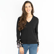 M&S V-Neck Embellished Cuff Long Sleeve Black Jumper