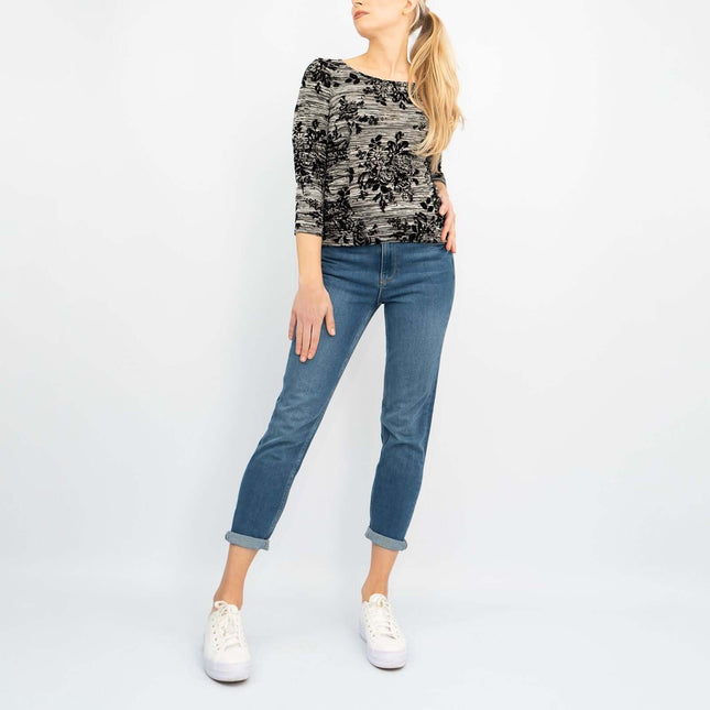 Phase Eight Fiona Flock 3/4 Sleeve Black Velvet Floral Print Top