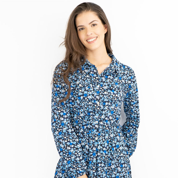 Oasis Black Dress with Blue Floral Print Long Sleeve Midi Shirt Dresses - Quality Brands Outlet