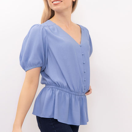 M&S Blue Blouse Elasticated Waist Short Sleeve V-Neckline Tops