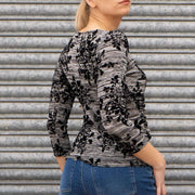 Phase Eight Fiona Flock 3/4 Sleeve Black Velvet Floral Print Top