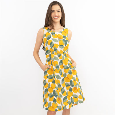 Seasalt Quick Sketch Lemon Lime Sleeveless Fit & Flare Dresses with Pockets (PETITE) - Quality Brands Outlet