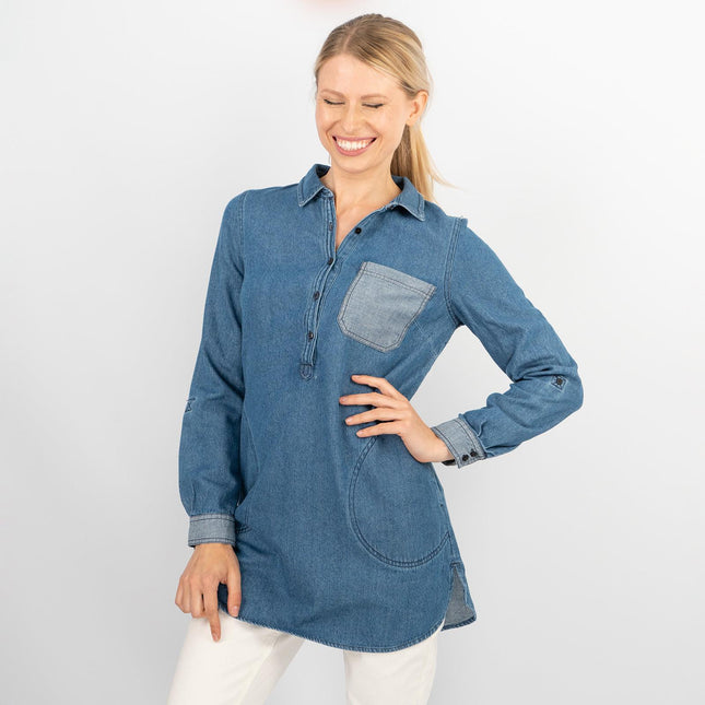 Blue Denim Long Sleeve Casual Tunic Longline Women's Shirts-Quality Brands Outlet-