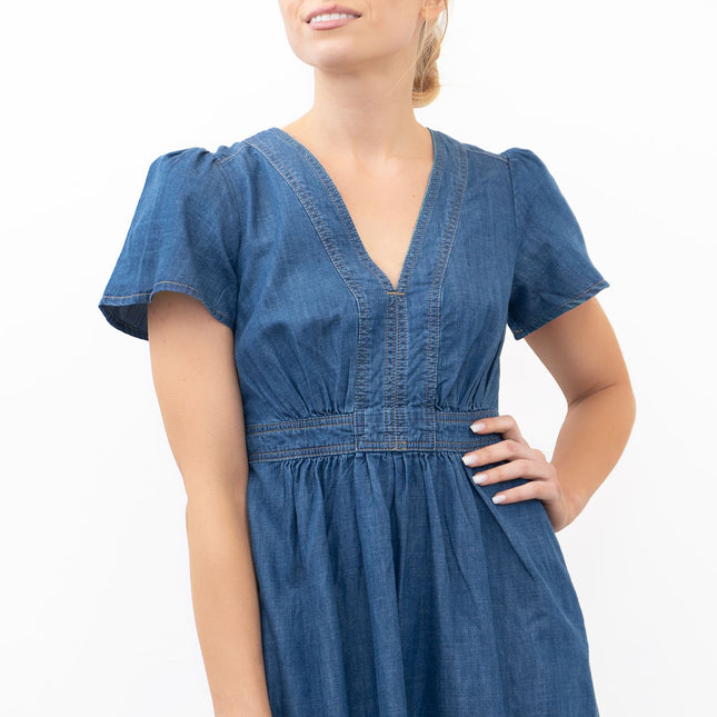 Monsoon Blue Denim V-Neck Short Sleeve Dress-Quality Brands Outlet-
