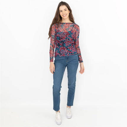 Coast Floral Long Sleeve Boat Neck Mesh Tops-Quality Brands Outlet-