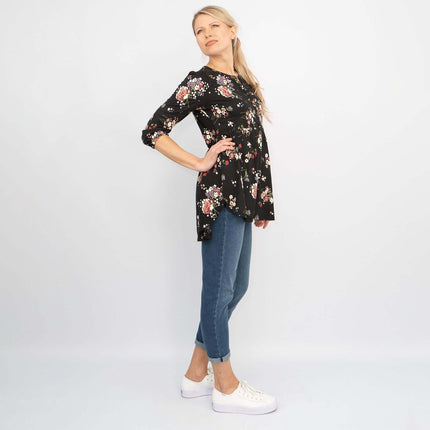 Tabitha 3/4 Sleeve Black Floral Jersey Tops-Quality Brands Outlet-