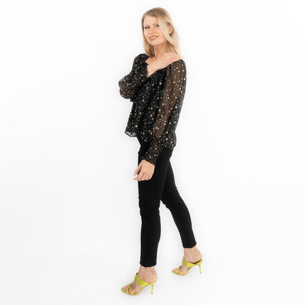 Next Black Silver Chiffon Star Foil Print Occasion Party Puff Sleeve Tops - Quality Brands Outlet