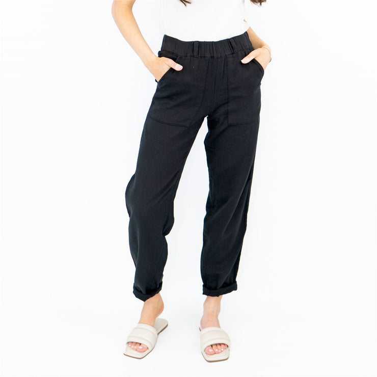 M&S Pure Cotton Tapered Ankle Grazer Elasticated Waist Black Trousers - Quality Brands Outlet