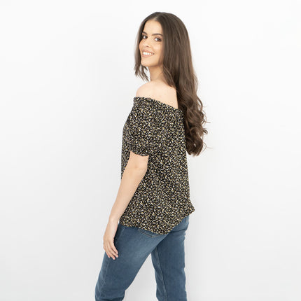 Womens Off Shoulder Black Ditsy Floral Casual Summer Jersey Tops-Quality Brands Outlet-