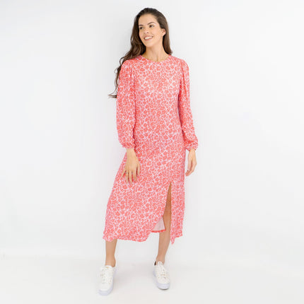 Oasis Pink Long Sleeve Floral Print Slit Summer Long Midi Dresses-Quality Brands Outlet-