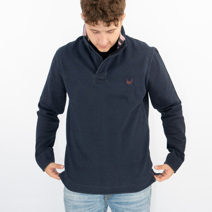 Crew Clothing Mens Navy Distressed Padstow Pique Half Zip Sweatshirt Jumper Tops - Quality Brands Outlet