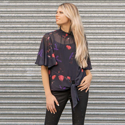Coast Nyla Black Floral Print Tie Hem Short Sleeve Loose Top-Quality Brands Outlet-