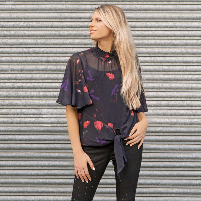 Coast Blouse Black / 16 Coast Nyla Black Floral Print Tie Hem Top