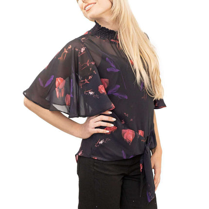 Coast Nyla Black Floral Print Tie Hem Short Sleeve Loose Top-Quality Brands Outlet-