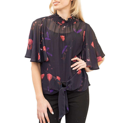 Coast Nyla Black Floral Print Tie Hem Short Sleeve Loose Top-Quality Brands Outlet-