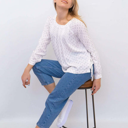 White Diamond Dot Pleated Long Sleeve Lightweight Casual Tops-Quality Brands Outlet-