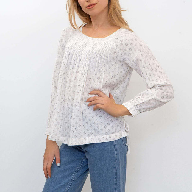 White Diamond Dot Pleated Long Sleeve Lightweight Casual Tops-Quality Brands Outlet-