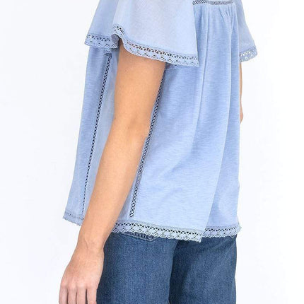 Per Una Broderie Anglaise Short Sleeve Blue Top - Quality Brands Outlet