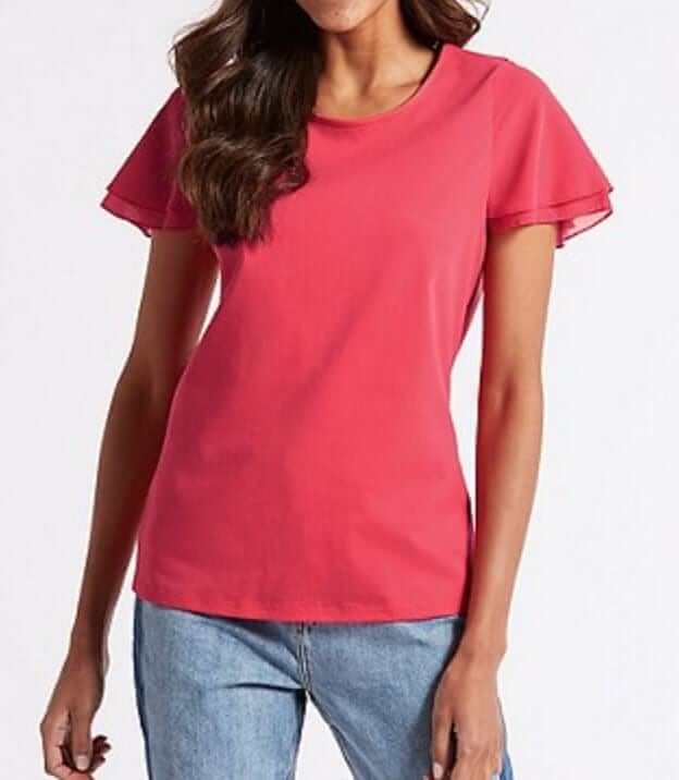 M&S Pure Cotton Flutter Short Sleeve Pink Blouse-Quality Brands Outlet-