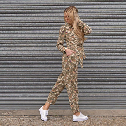 White Stuff Jocelyn Olive Green Floral Print Slim Leg Lightweight Cotton Jumpsuit with Belt