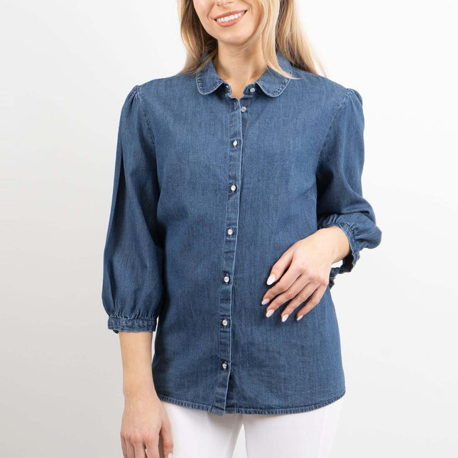 F&F 3/4 Puff Sleeves Blue Denim Button Up Shirts-Quality Brands Outlet-