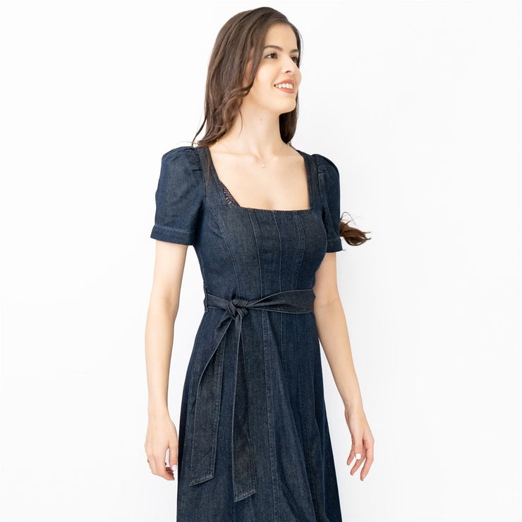 Boden Indigo Denim Short Sleeve Square Neck Belted Flare Midi Dresses