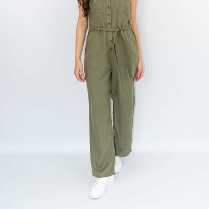 White Stuff Sleeveless Khaki Linen Wide Leg Summer Jumpsuit-Quality Brands Outlet-