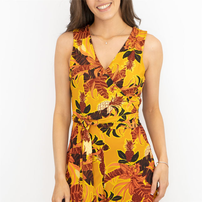 Karen Millen Yellow Batik Print Sleeveless Cross Wrap Belted Crop Wide Leg Jersey Jumpsuits - Quality Brands Outlet