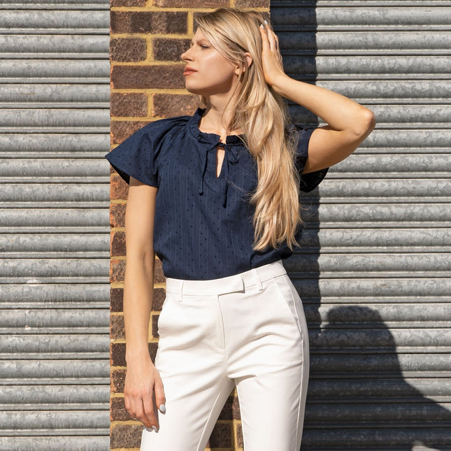 M&S Navy Blue Lightweight Textured Blouse Short Sleeve Tie Neck Tops-Quality Brands Outlet-
