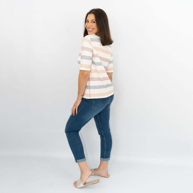 White Stuff Short Sleeve Boat Neck Embroidered Stripes White Soft Cotton Jersey Tops-Quality Brands Outlet-