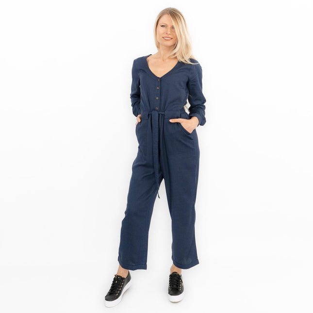 White Stuff Skyline Navy Blue Denim Long Sleeve Relaxed Leg Jumpsuit-Quality Brands Outlet-