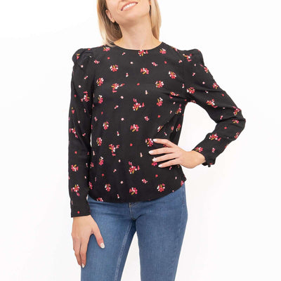 M&S Women Black Floral Long Puff Sleeve Round Neck Top