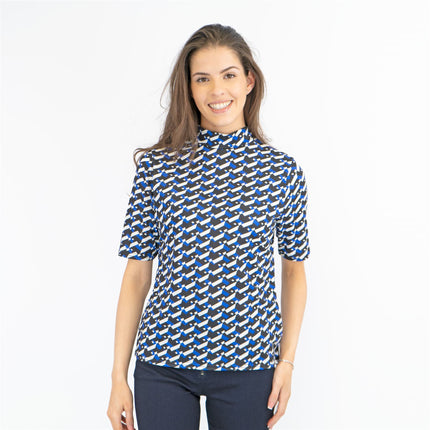 Karen Millen Blue Geometric Print High Neck Short Sleeve Tops-Quality Brands Outlet-