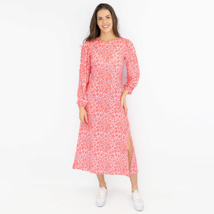 Oasis Pink Long Sleeve Floral Print Slit Summer Long Midi Dresses-Quality Brands Outlet-