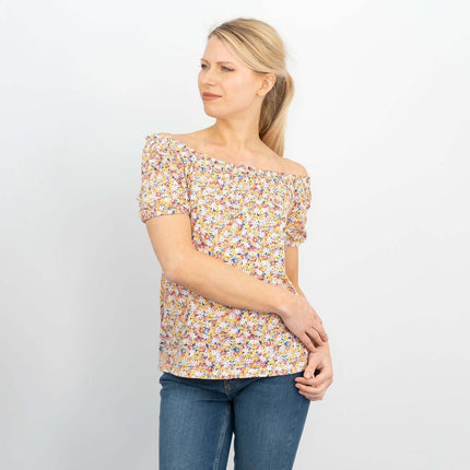 Leia Gathered Off Shoulder Short Sleeve Ditsy Floral Relaxed Tops-Quality Brands Outlet-
