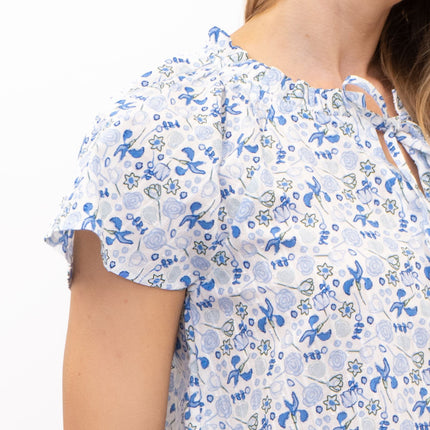 M&S Blue Floral Lightweight Textured Blouse Short Sleeve Tie Neck Tops-Quality Brands Outlet-