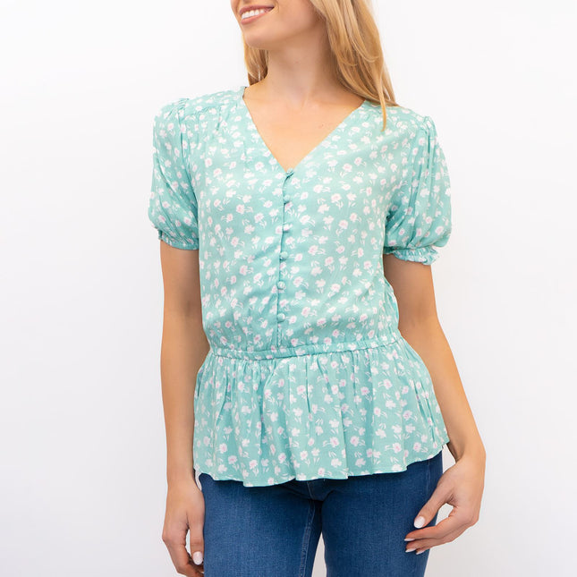 M&S Mint Green Floral Short Sleeve Elasticated Waist V-Neck Blouses Summer Tops-Quality Brands Outlet-