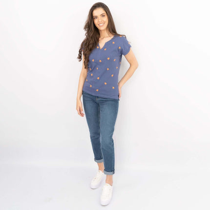 White Stuff Short Sleeve Blue Notch Neck Embroidered Cotton Jersey Tops-Quality Brands Outlet-